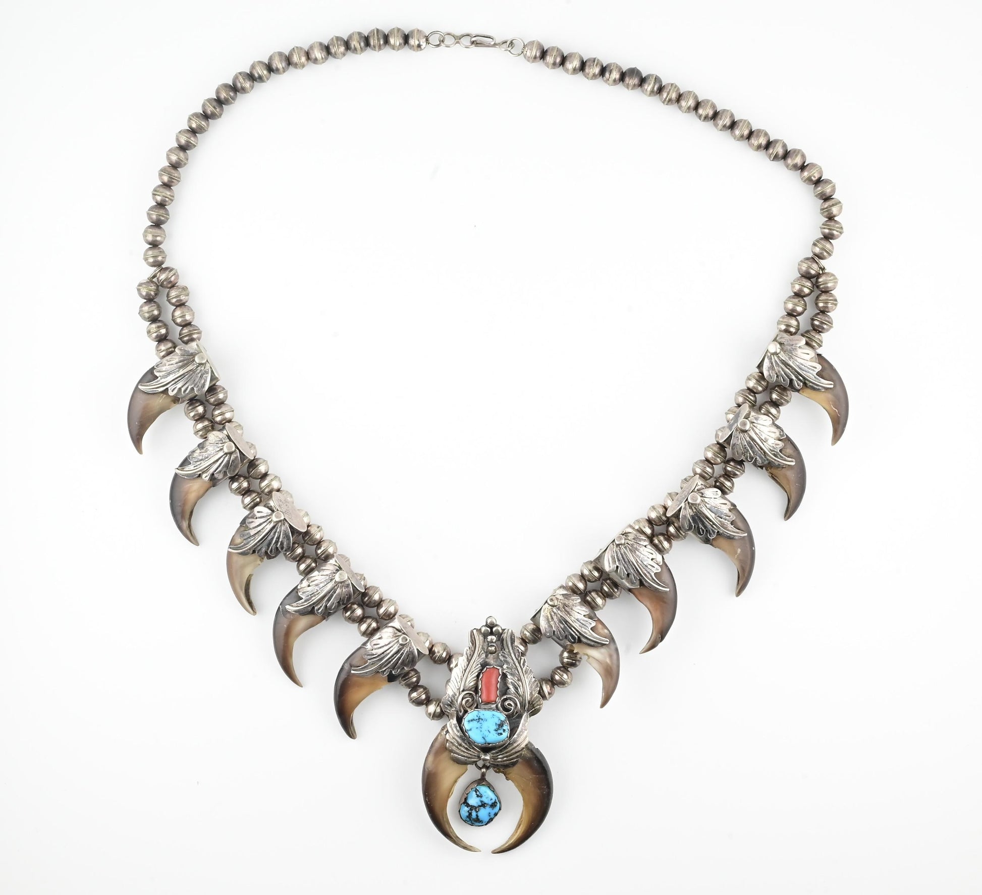 Navajo M. Tsosie Sterling Silver Necklace 125.26g Turquoise Coral Claw Naja
