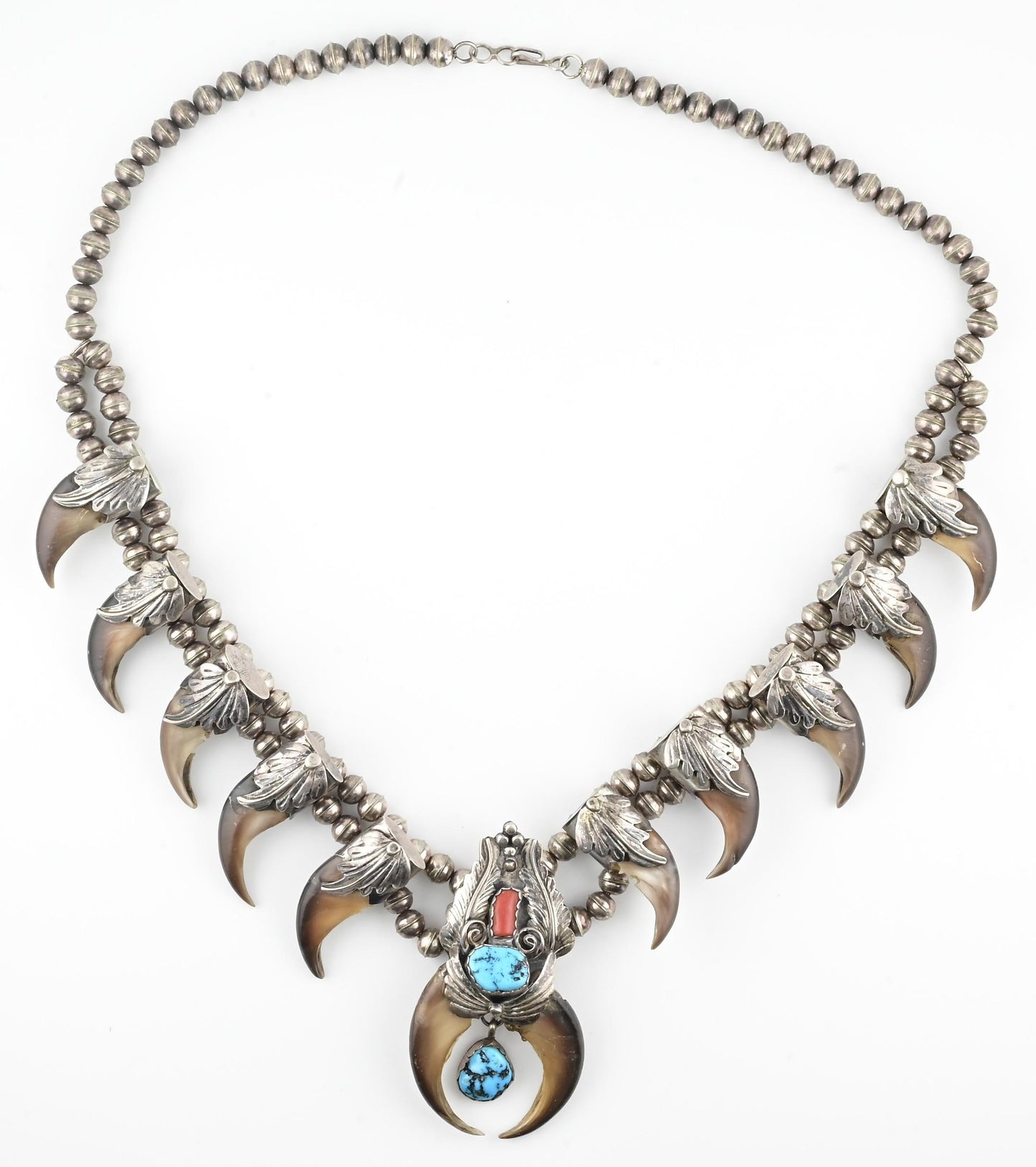 Navajo M. Tsosie Sterling Silver Necklace 125.26g Turquoise Coral Claw Naja
