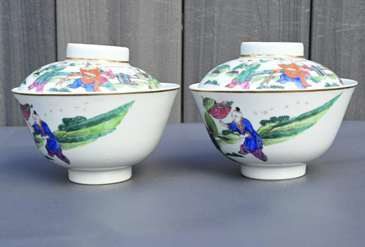 Pair of Antique Chinese Qing Dynasty Porcelain Covered Bowls – Children at Play