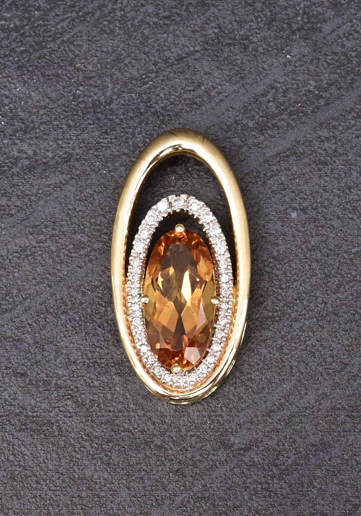 IGI Certified 14K Yellow Gold Pendant 4.40ct Oval Natural Citrine & Diamonds