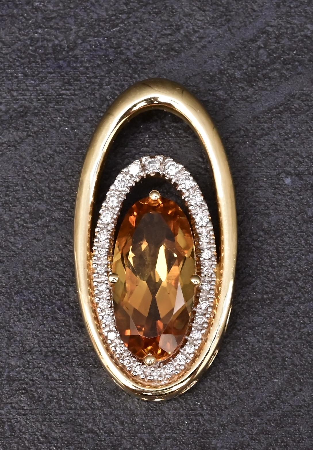 IGI Certified 14K Yellow Gold Pendant 4.40ct Oval Natural Citrine & Diamonds