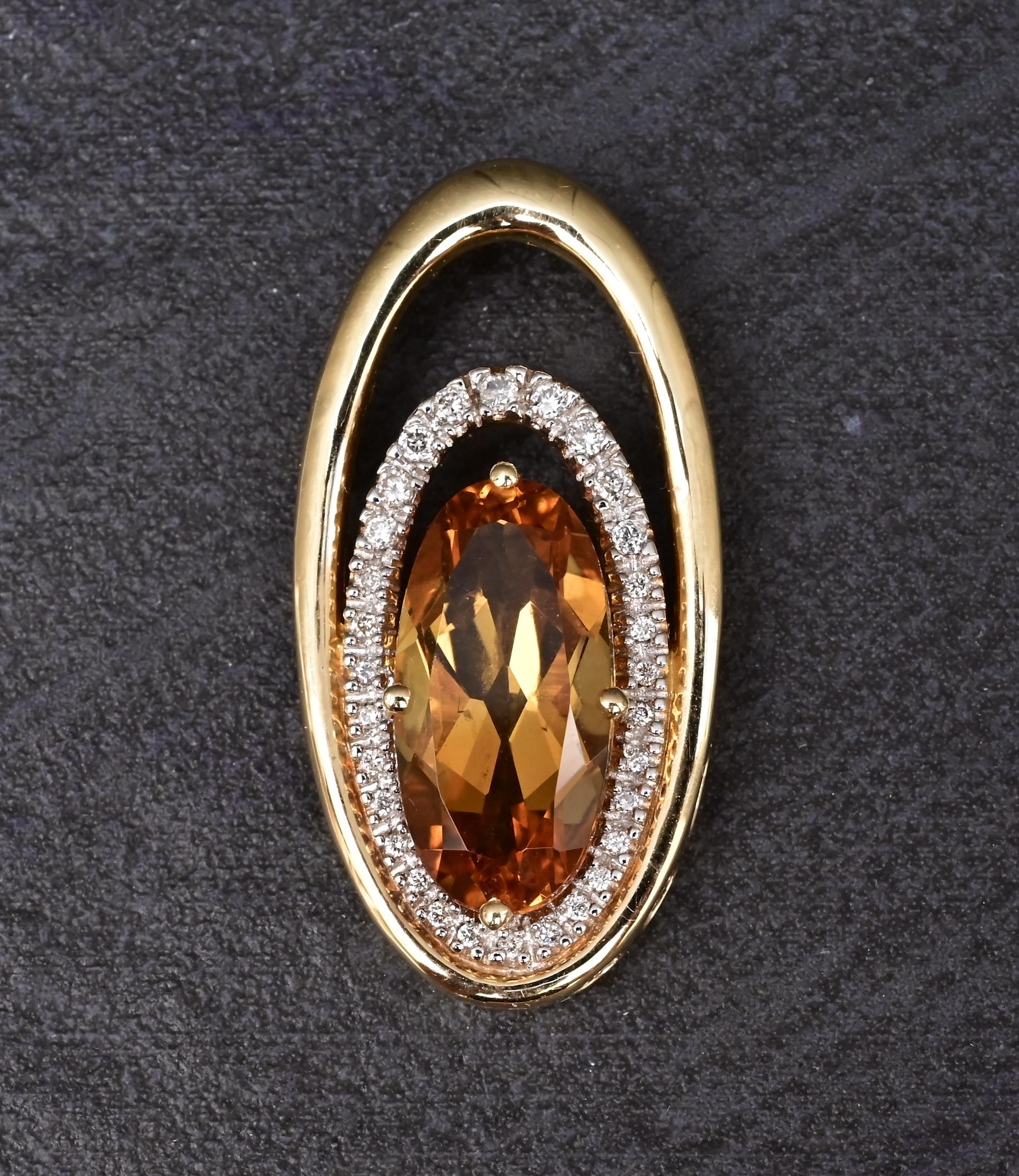 IGI Certified 14K Yellow Gold Pendant 4.40ct Oval Natural Citrine & Diamonds