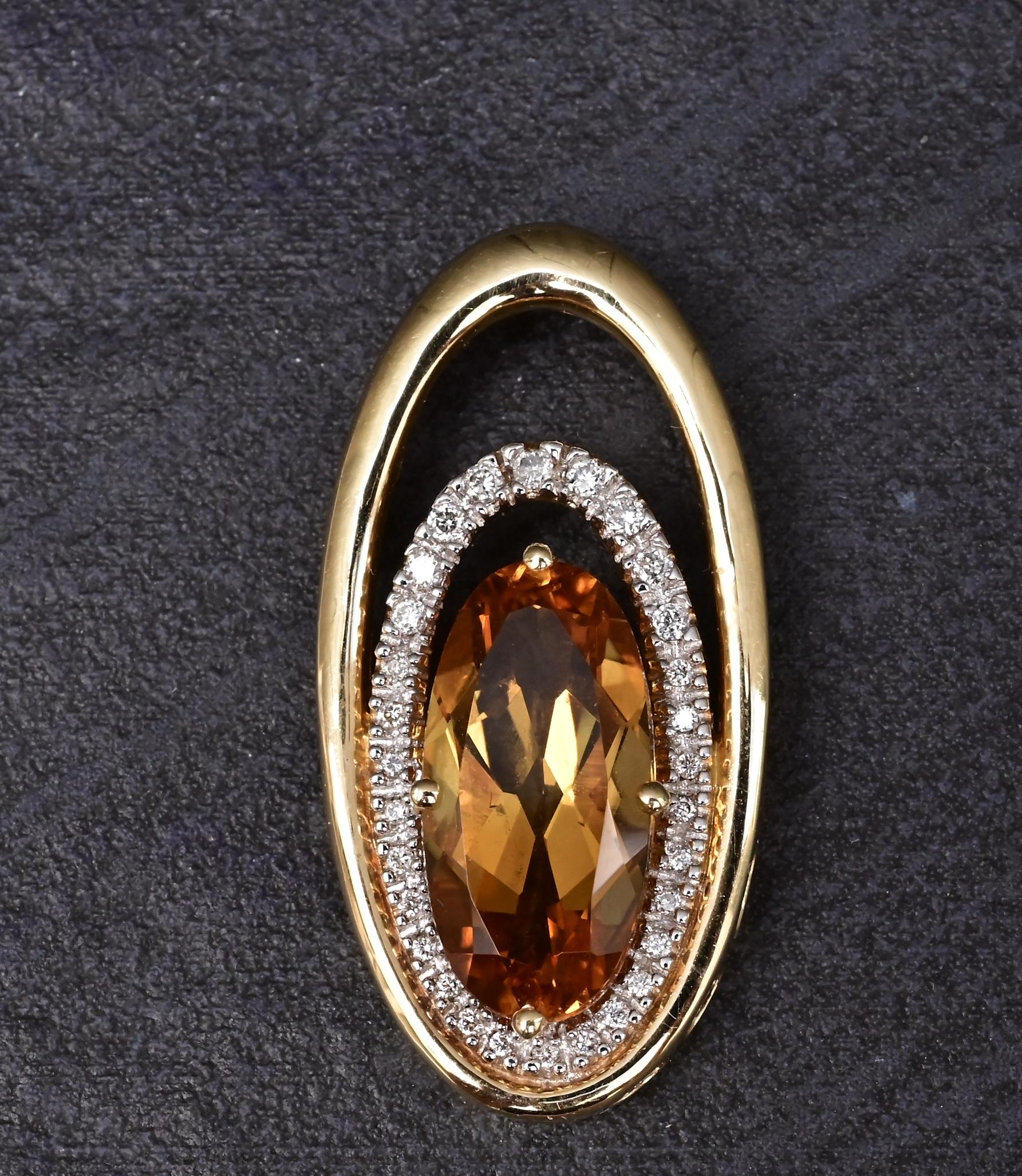 IGI Certified 14K Yellow Gold Pendant 4.40ct Oval Natural Citrine & Diamonds