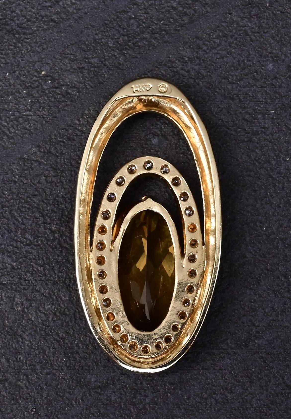 IGI Certified 14K Yellow Gold Pendant 4.40ct Oval Natural Citrine & Diamonds