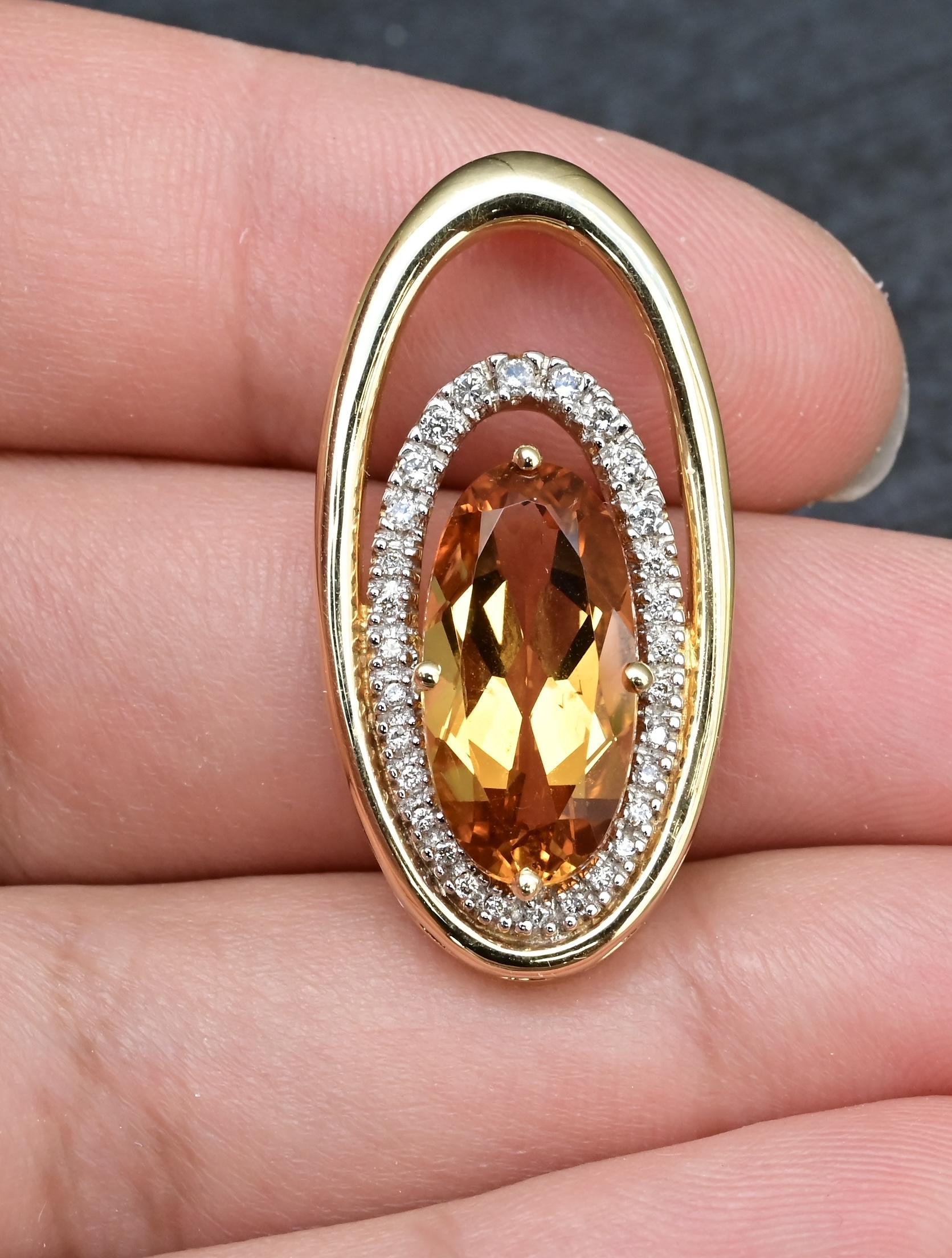 IGI Certified 14K Yellow Gold Pendant 4.40ct Oval Natural Citrine & Diamonds