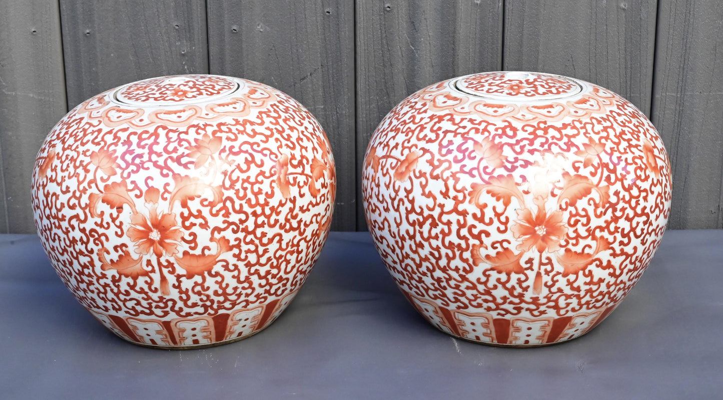Pair of Antique Chinese Porcelain Ginger Jars – Red Floral Scroll Design