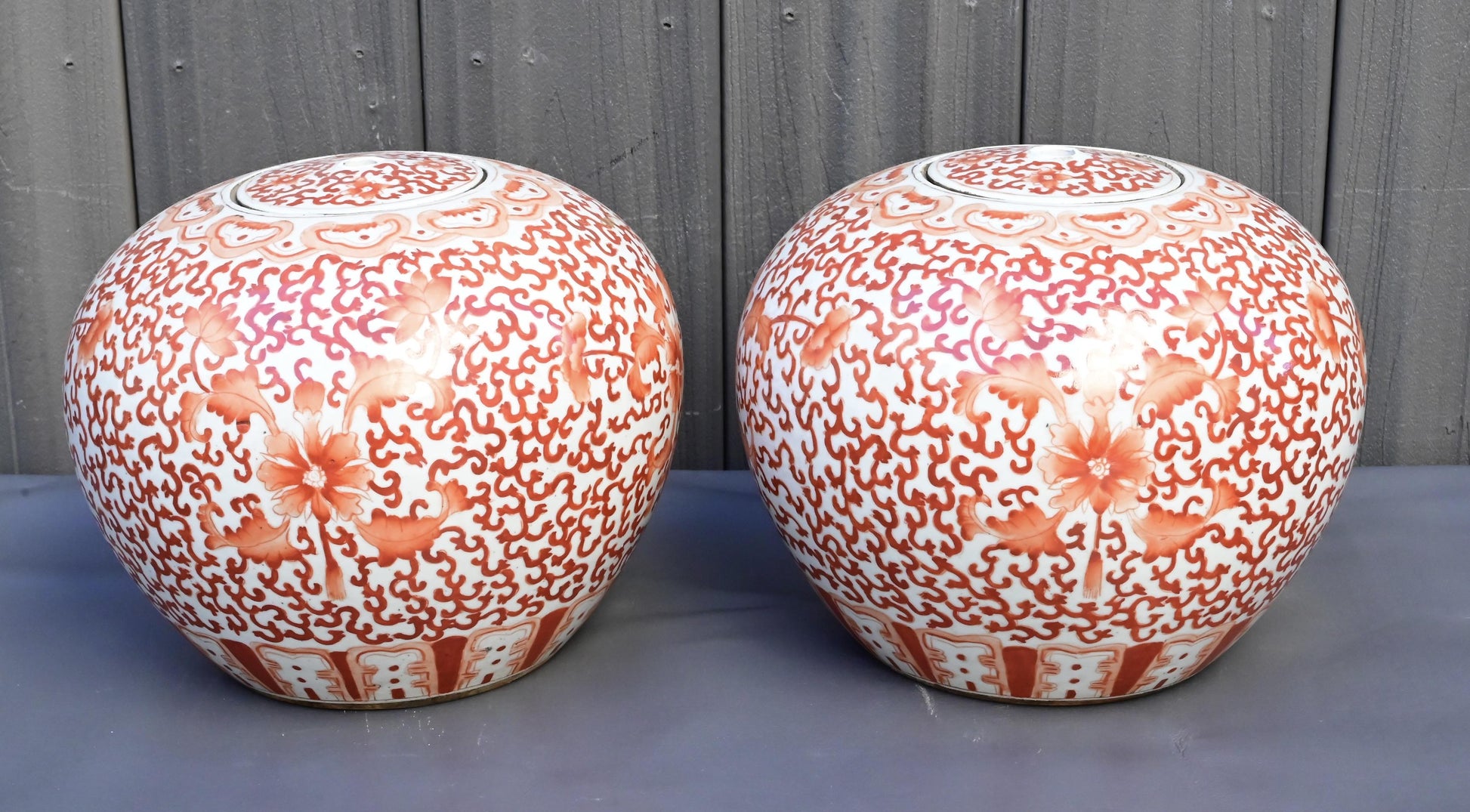 Pair of Antique Chinese Porcelain Ginger Jars – Red Floral Scroll Design