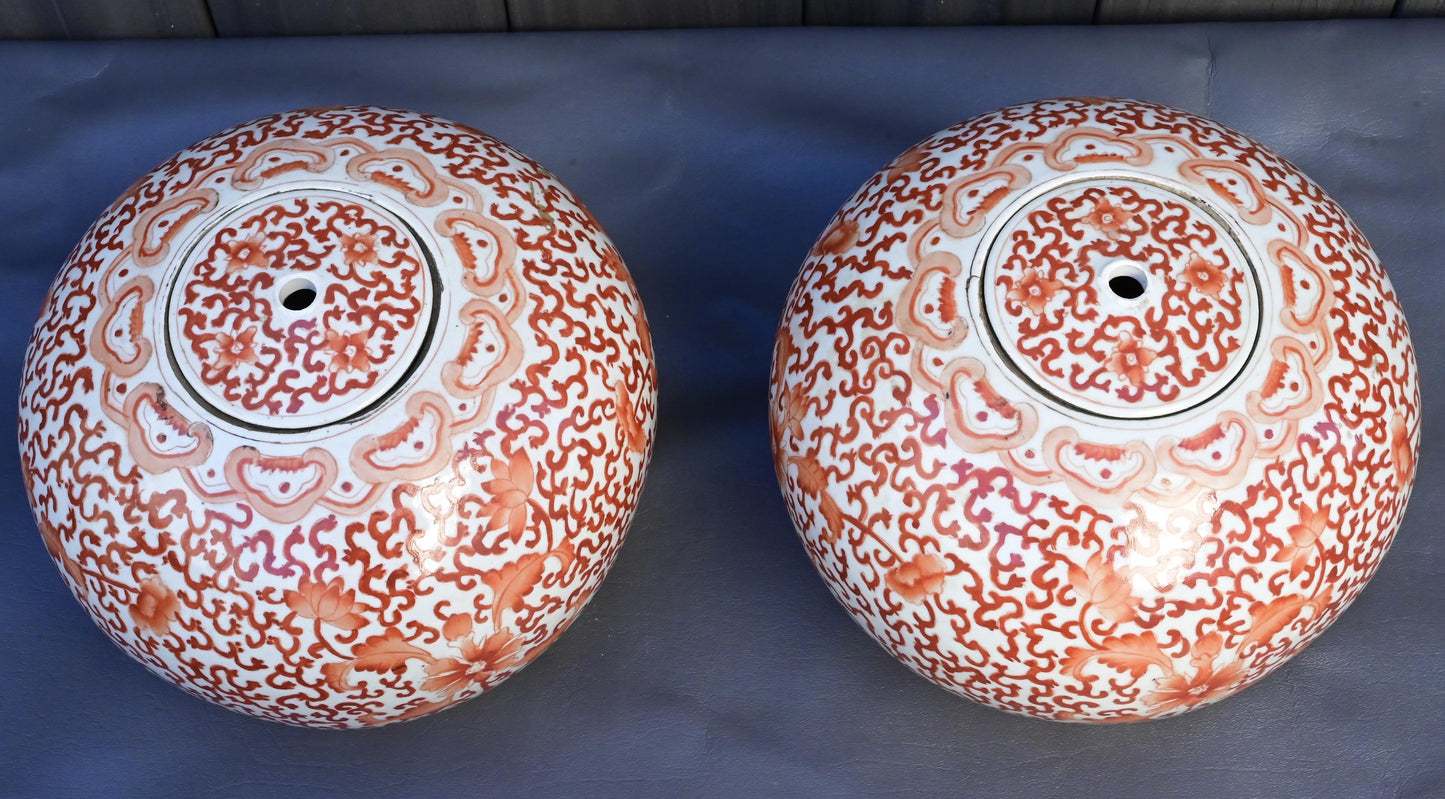 Pair of Antique Chinese Porcelain Ginger Jars – Red Floral Scroll Design
