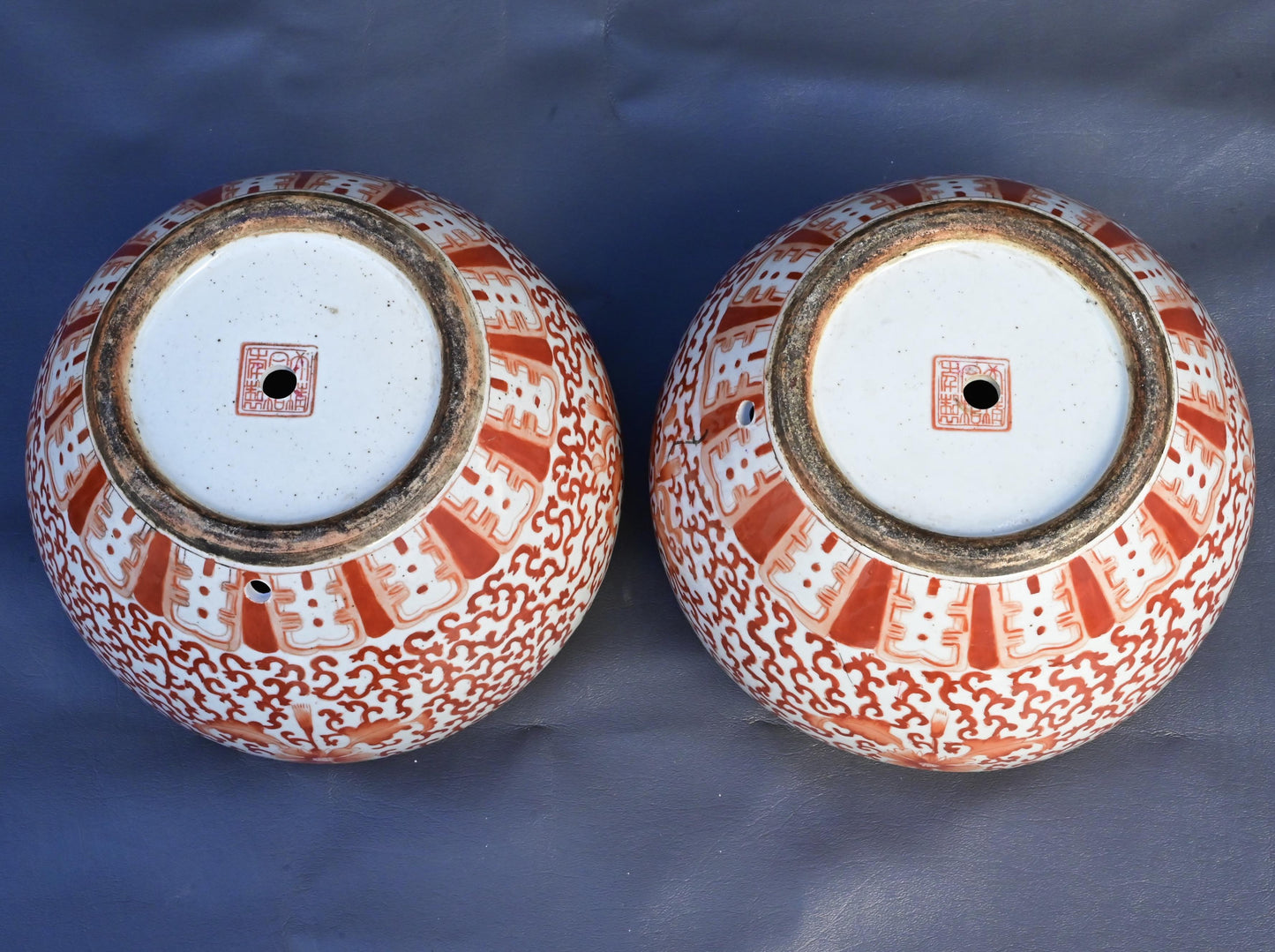 Pair of Antique Chinese Porcelain Ginger Jars – Red Floral Scroll Design