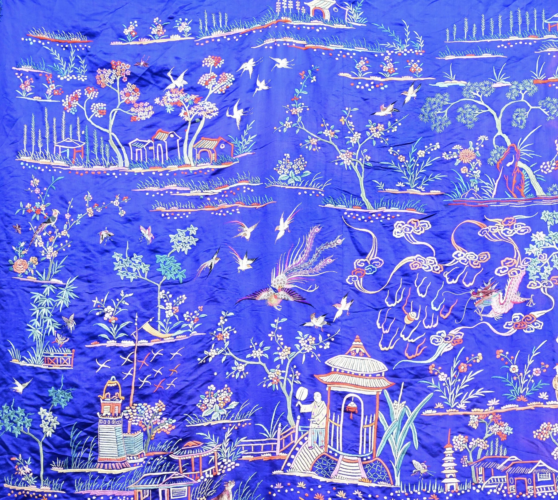 Massive Late Qing to Early Republic Chinese Embroidered Silk Shawl  275 x 214 CM