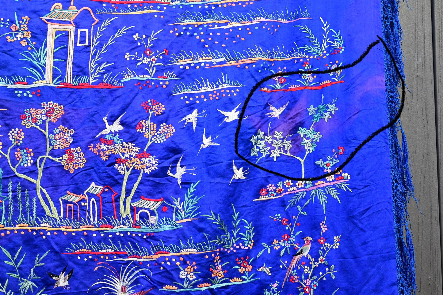 Massive Late Qing to Early Republic Chinese Embroidered Silk Shawl  275 x 214 CM