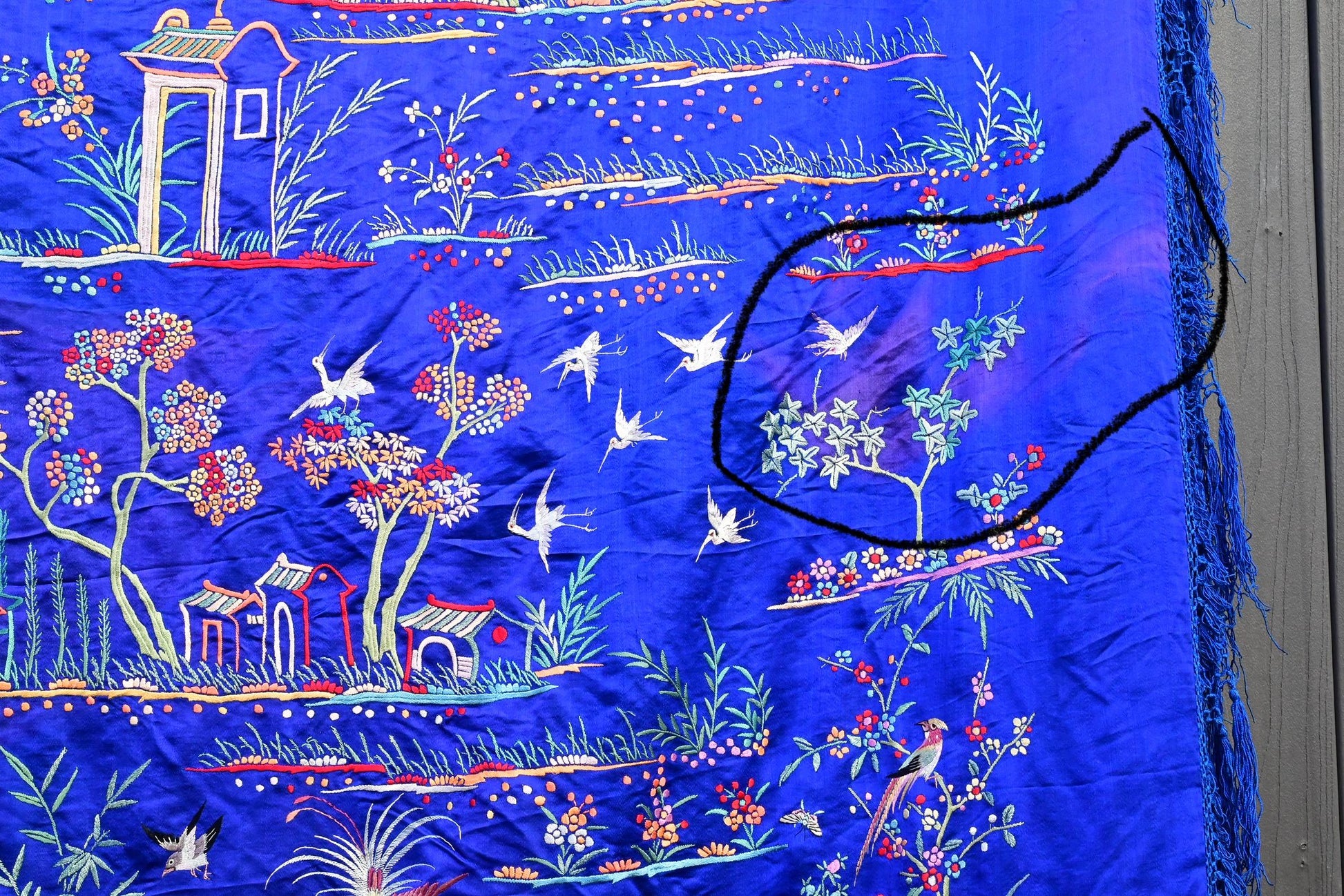 Massive Late Qing to Early Republic Chinese Embroidered Silk Shawl  275 x 214 CM