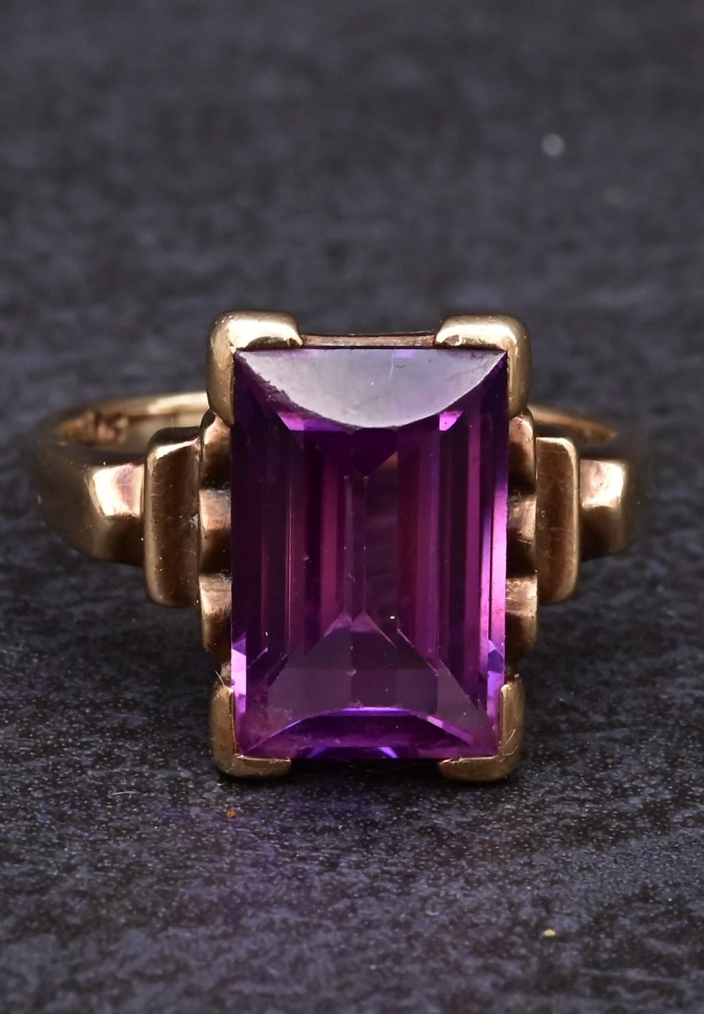10K Yellow Gold Sapphire Ring Art Deco / Retro Era IGI Certified Size 6.75