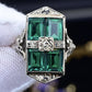 14K Art Deco White Gold Ring With Green Stones IGI Certified Ring 4.75 Ring Size