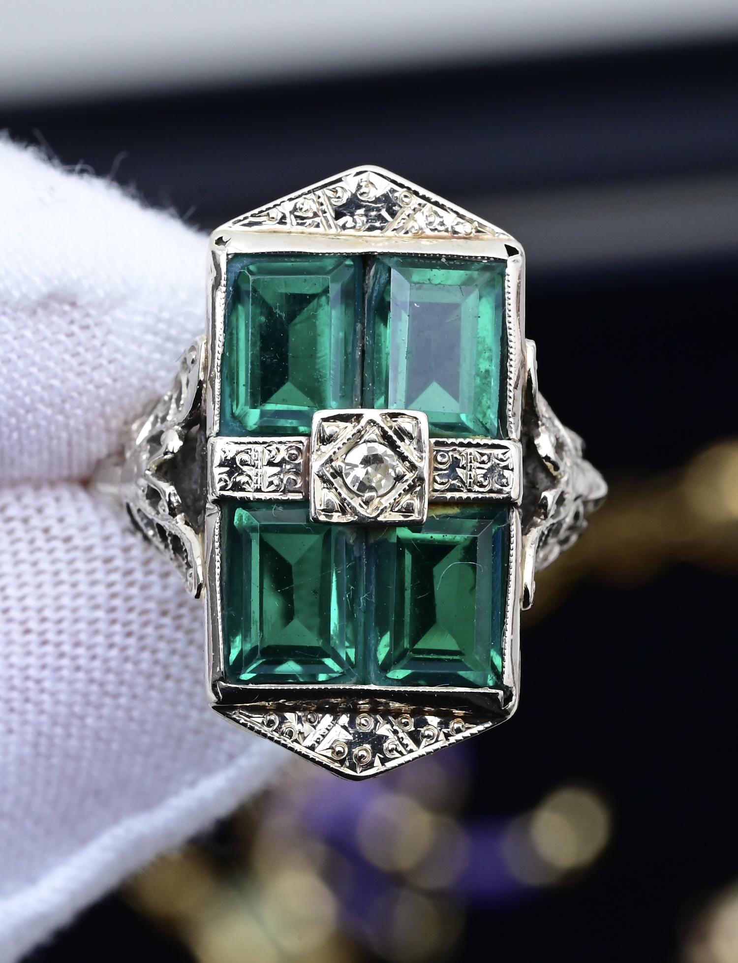 14K Art Deco White Gold Ring With Green Stones IGI Certified Ring 4.75 Ring Size
