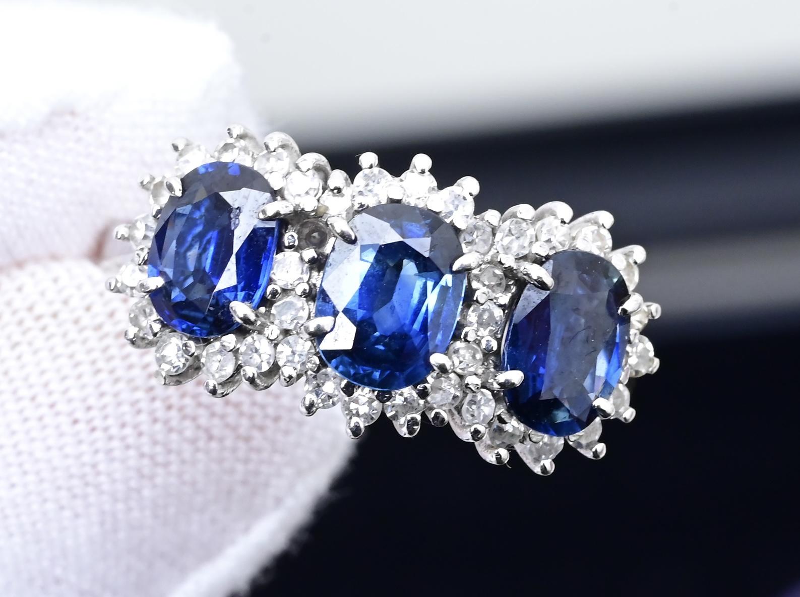 14K White Gold Ring 2.10ct Natural Blue Sapphires & 0.44ct Diamond Accent