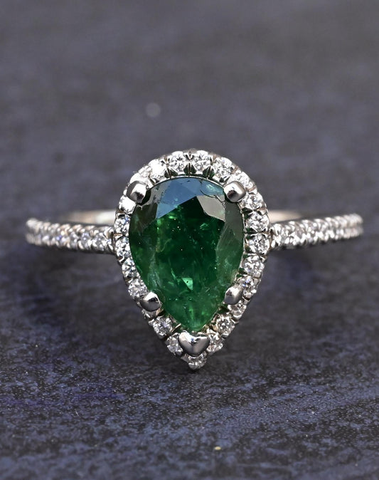 Platinum Pear Shaped Emerald & Diamond Ring IGI Certified Ring Size 6.5