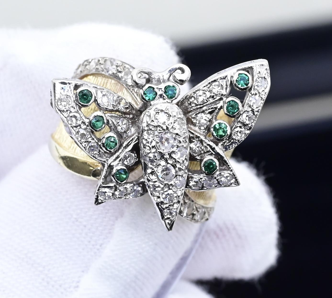 14K Yellow & White Gold Butterfly Ring IGI Certified .70 Carats Ring Size 5.5