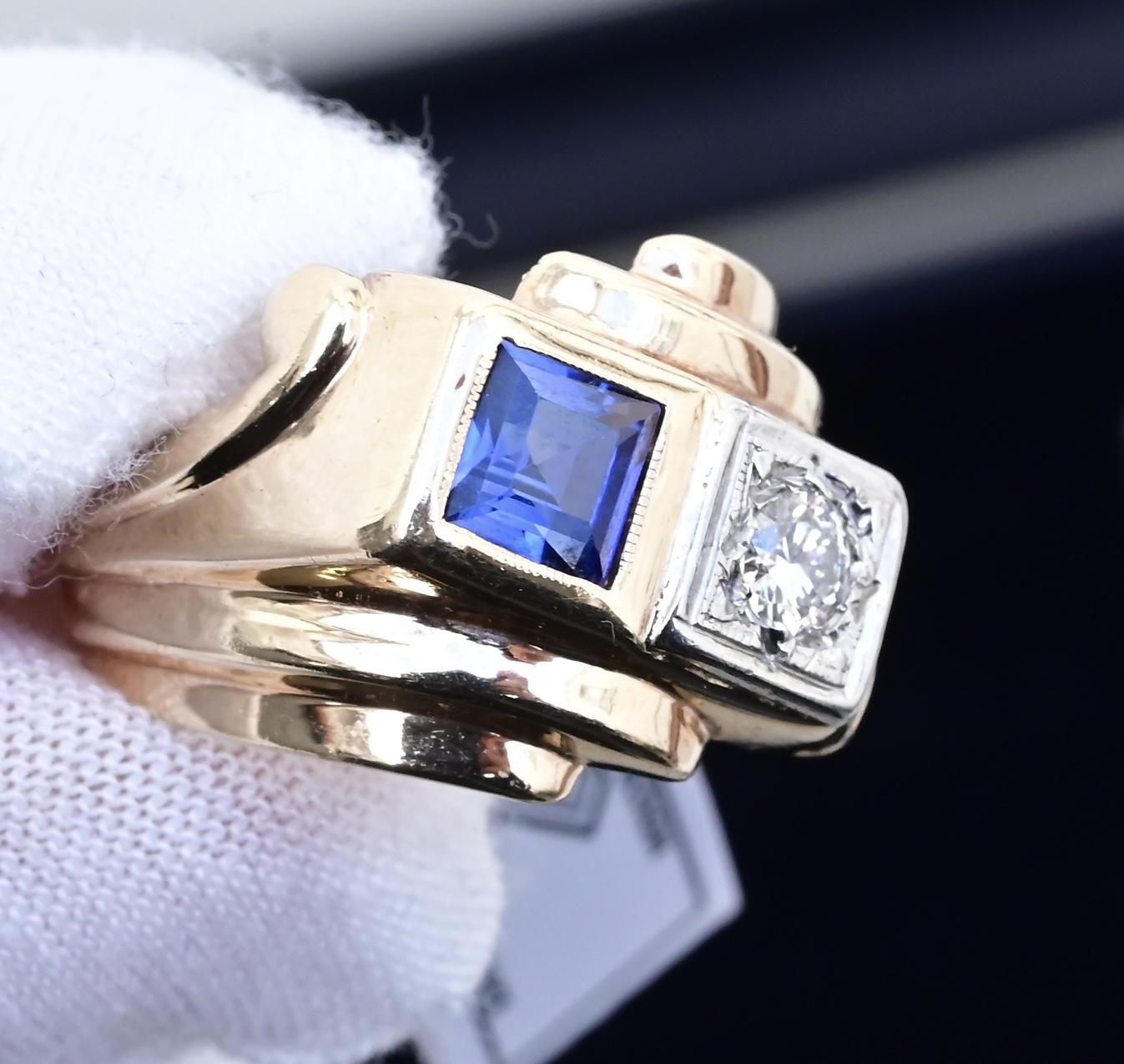 14K Yellow & White Gold IGI Certified Sapphire Diamond Retro Ring Size 7