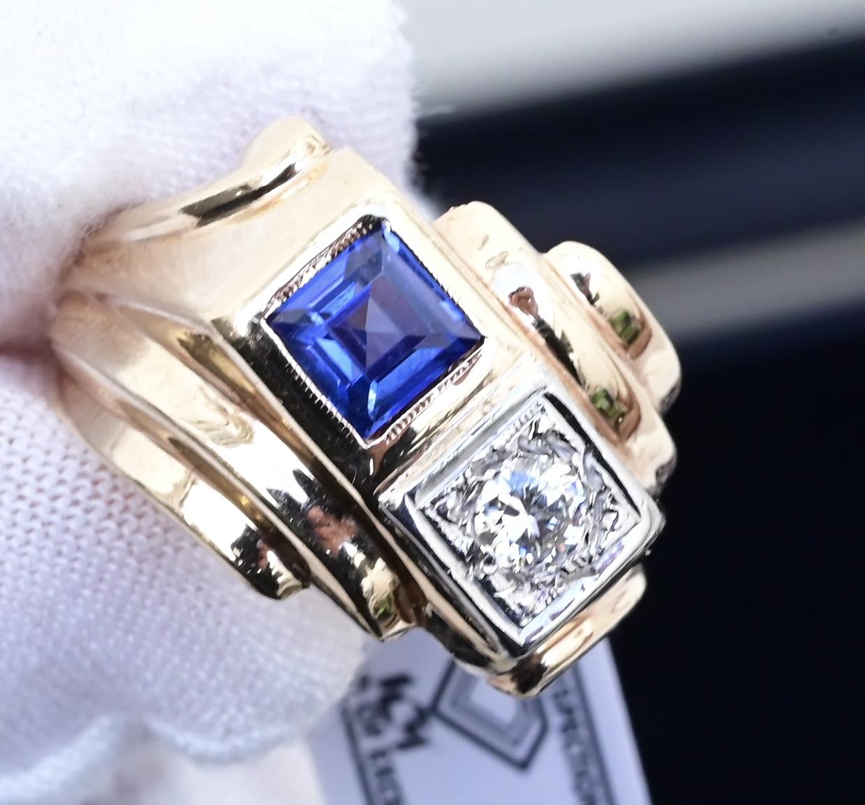 14K Yellow & White Gold IGI Certified Sapphire Diamond Retro Ring Size 7