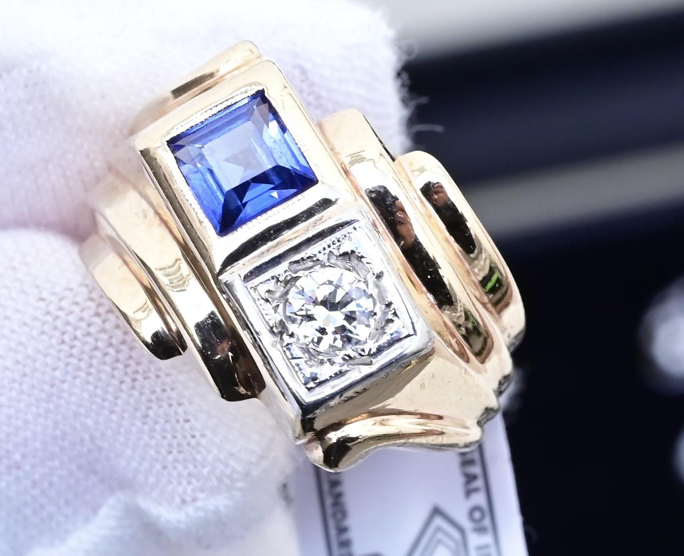14K Yellow & White Gold IGI Certified Sapphire Diamond Retro Ring Size 7