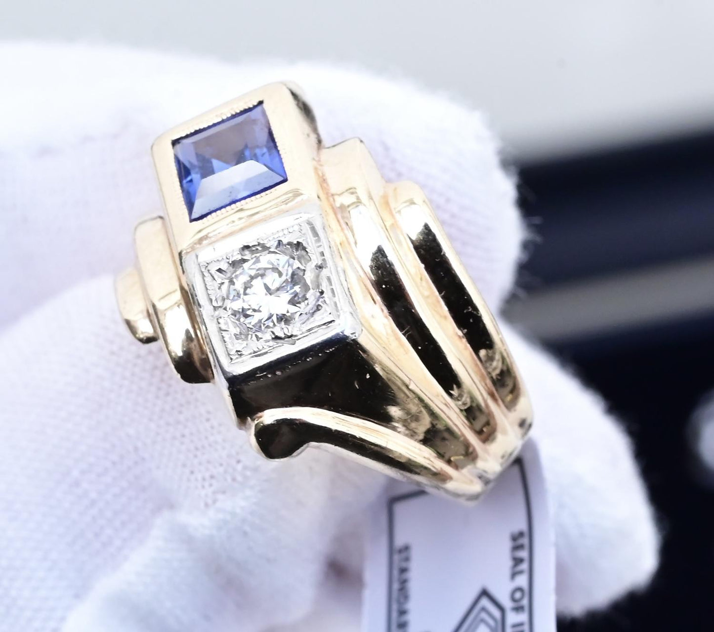 14K Yellow & White Gold IGI Certified Sapphire Diamond Retro Ring Size 7