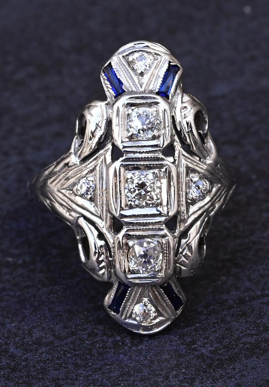 Gorgeous 18K White Gold Art Deco Diamond & Sapphire Ring IGI Certified