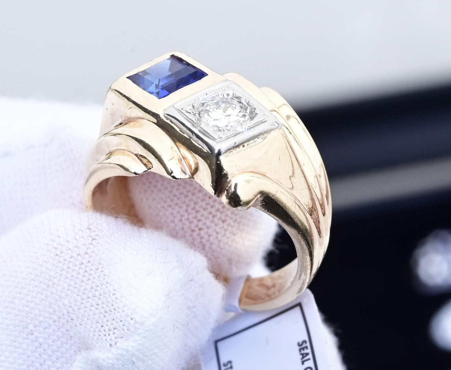 14K Yellow & White Gold IGI Certified Sapphire Diamond Retro Ring Size 7