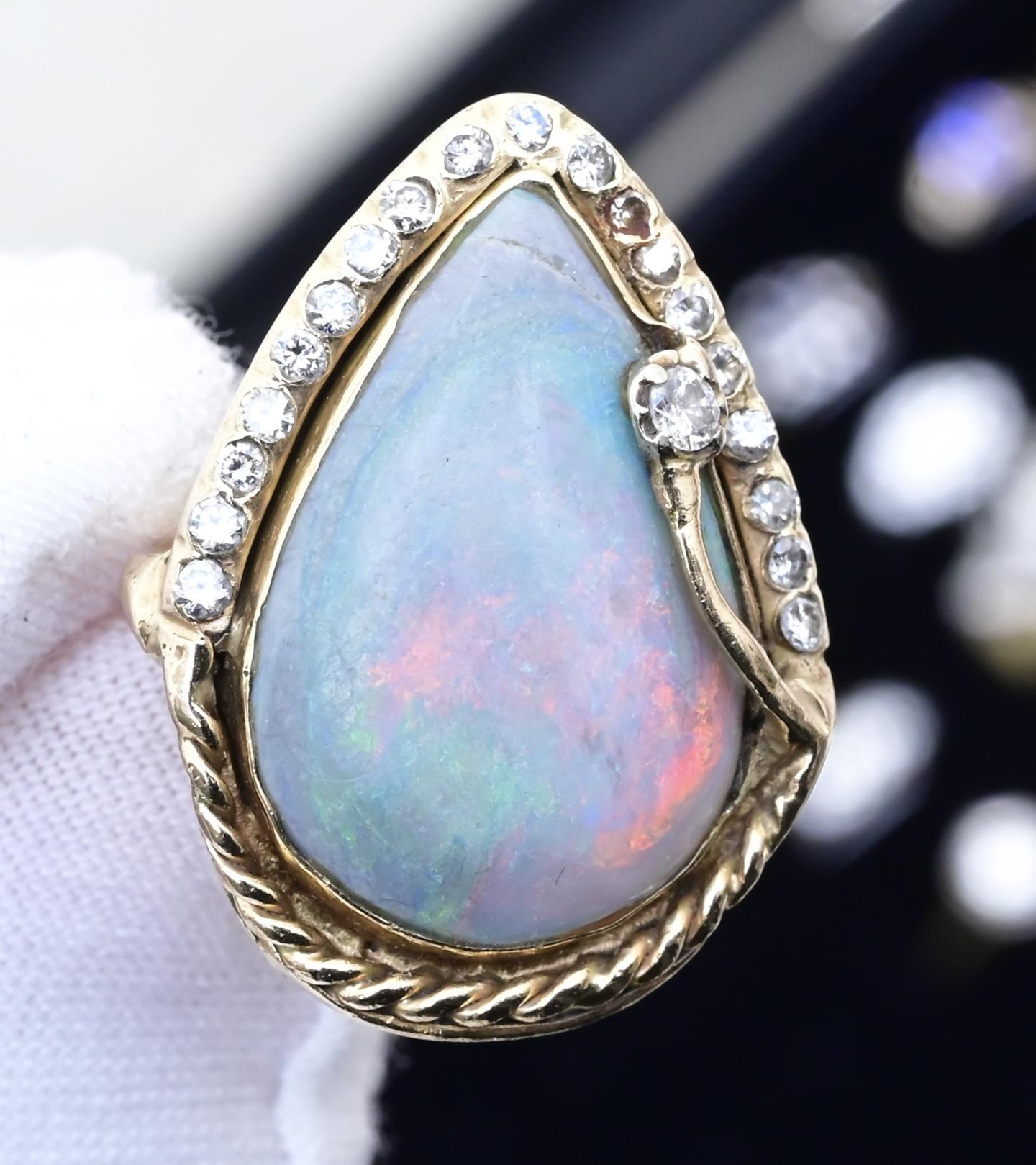 GIA Certified Natural Opal & Diamond 14k Ring – 23x15mm Light Gray Cabochon