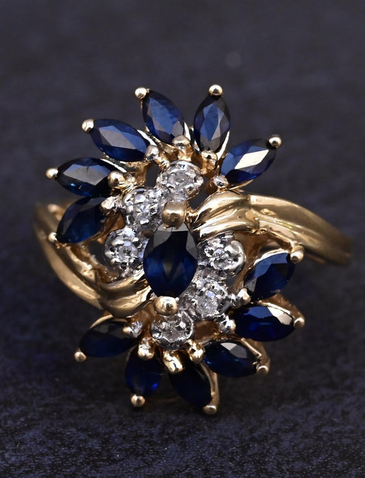 14K Yellow Gold Sapphire & Diamond Swirl Ring IGI Certified Ring Size 6.5