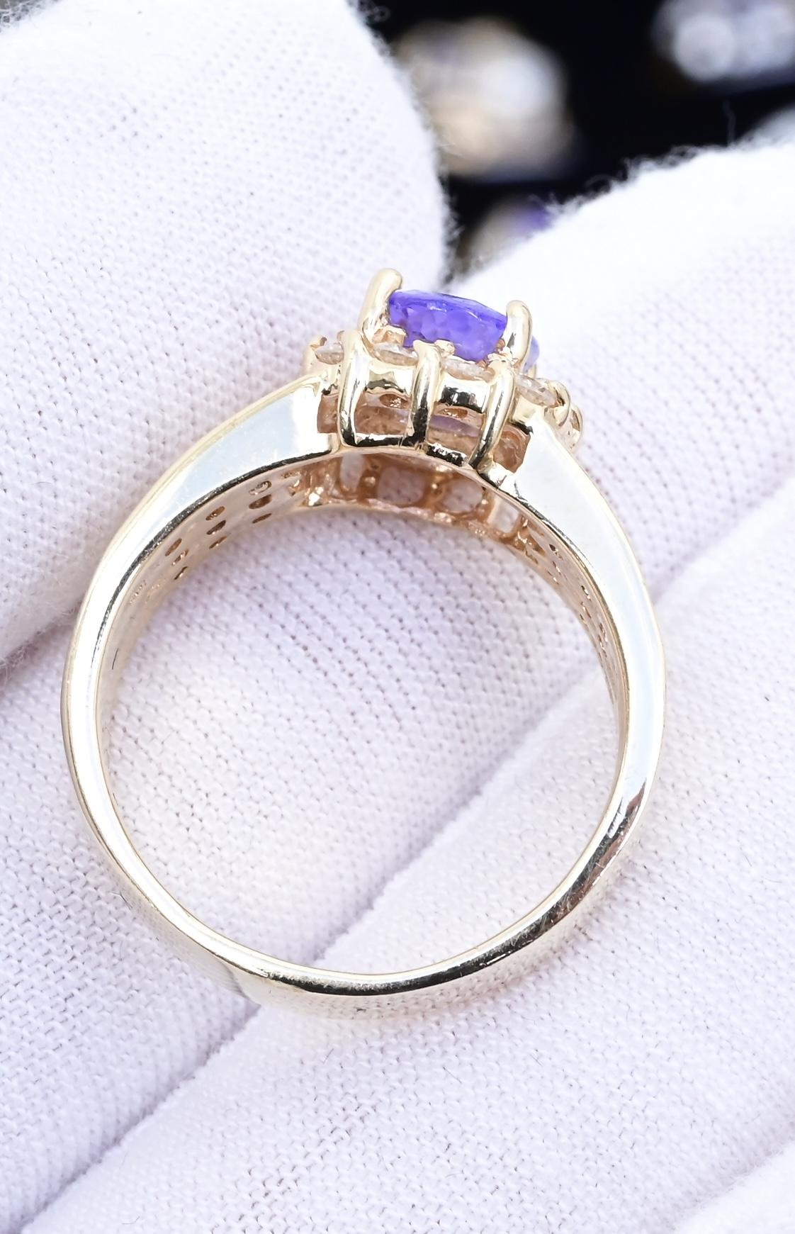 14K Yellow Gold Tanzanite & Diamond Halo Ring Oval Tanzanite Ring Size 7.75