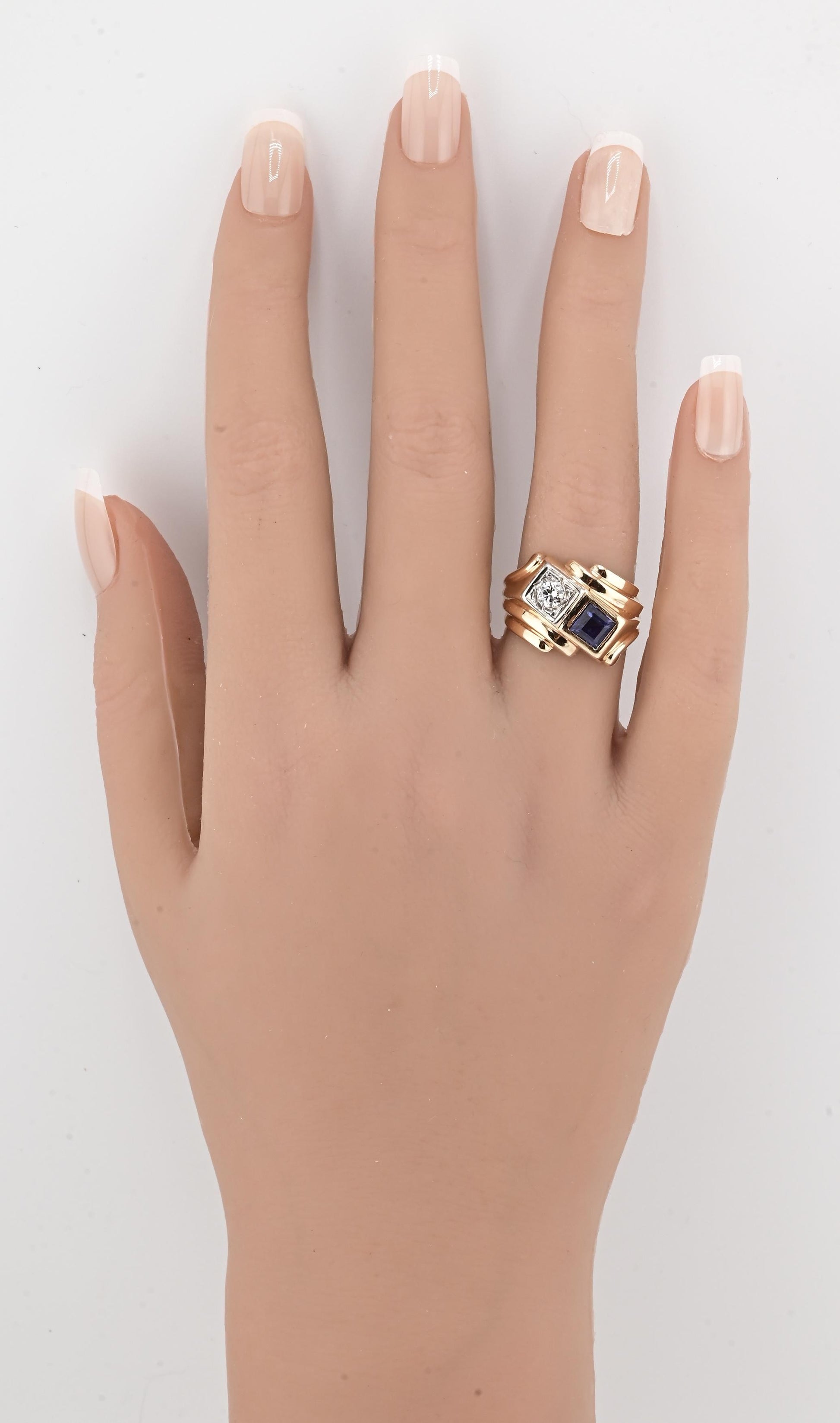 14K Yellow & White Gold IGI Certified Sapphire Diamond Retro Ring Size 7