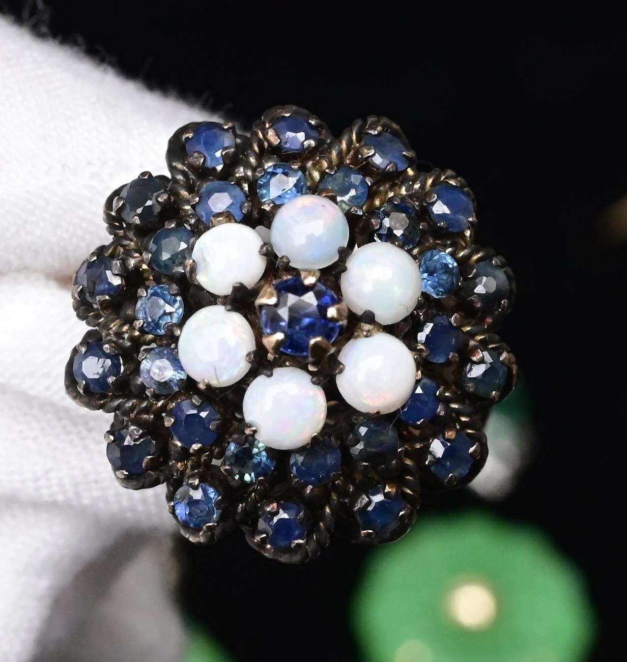 IGI Certified 10K Yellow Gold Black-Overlay Ring Sapphires And Opals