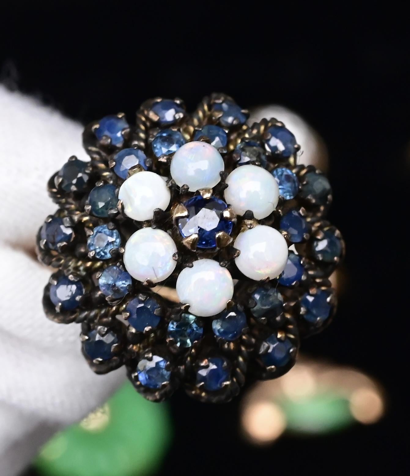 IGI Certified 10K Yellow Gold Black-Overlay Ring Sapphires And Opals