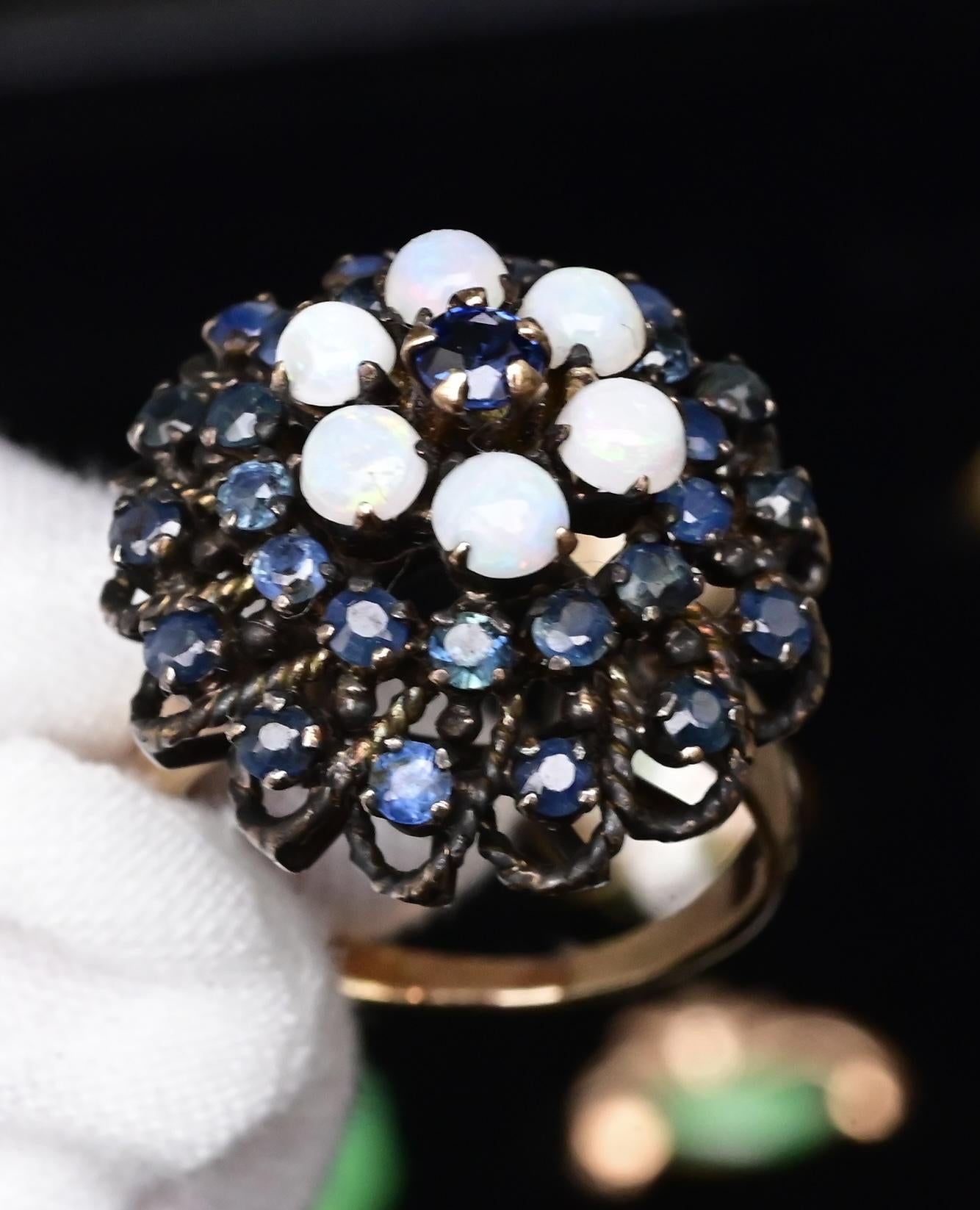 IGI Certified 10K Yellow Gold Black-Overlay Ring Sapphires And Opals