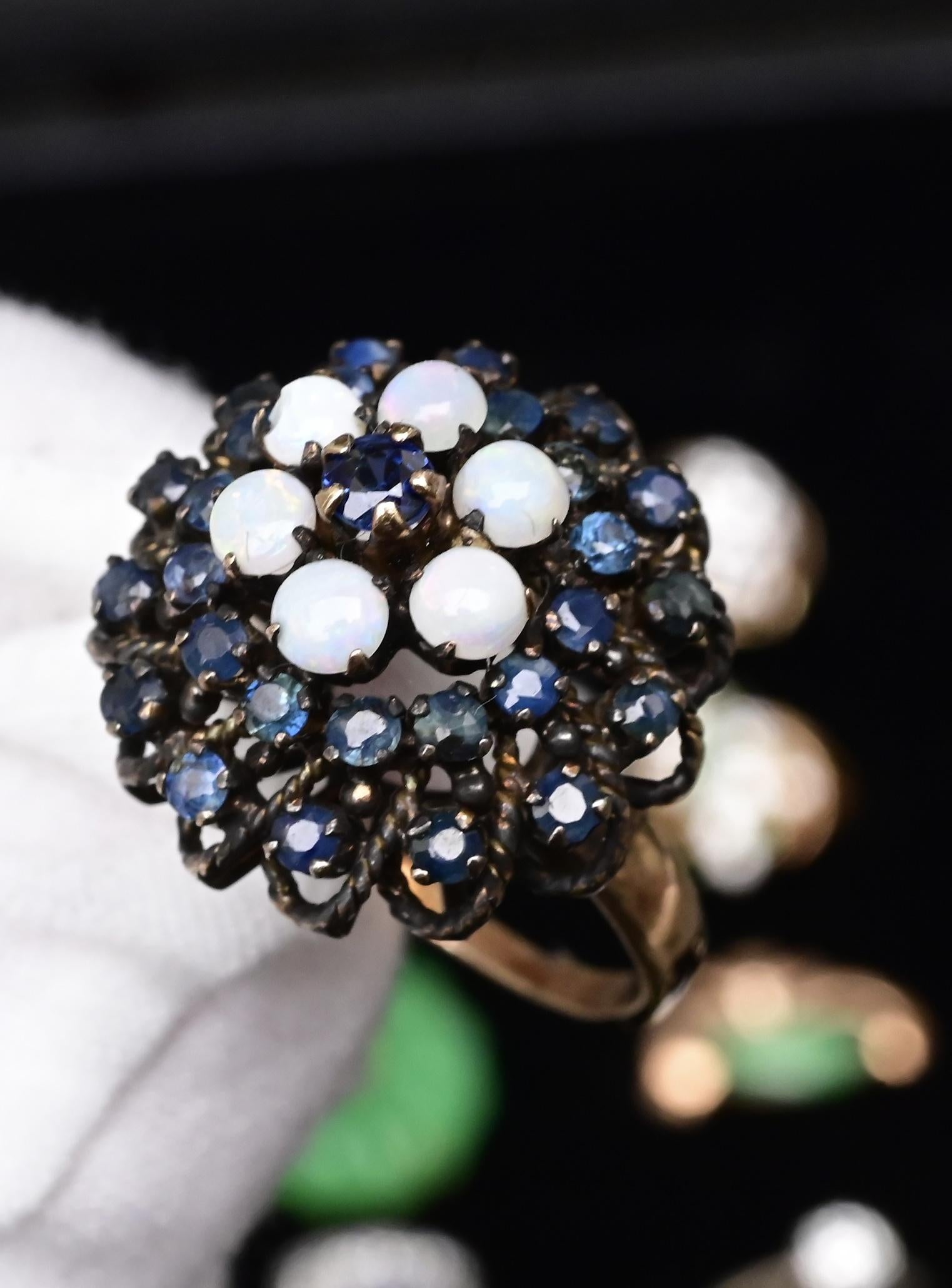 IGI Certified 10K Yellow Gold Black-Overlay Ring Sapphires And Opals