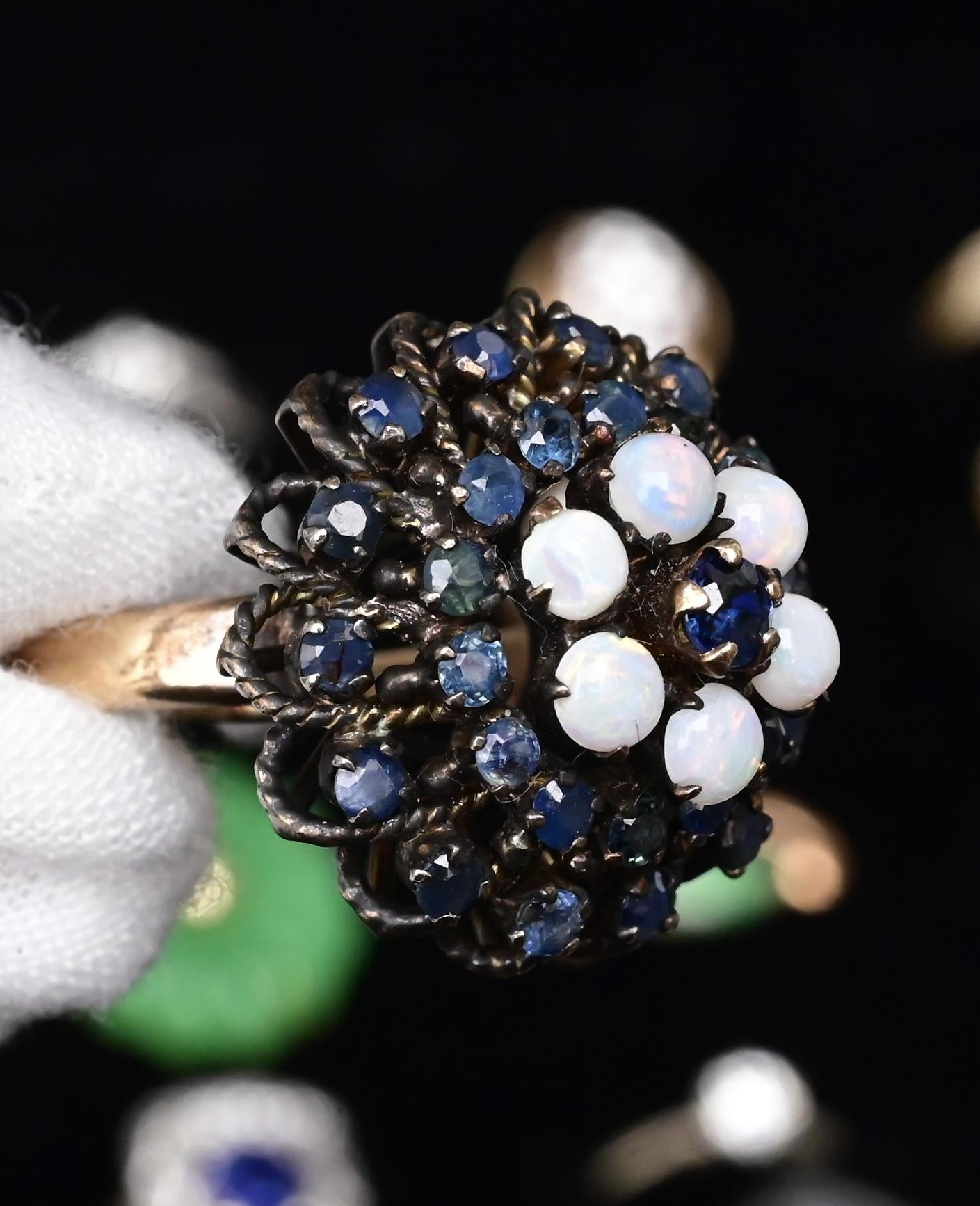 IGI Certified 10K Yellow Gold Black-Overlay Ring Sapphires And Opals