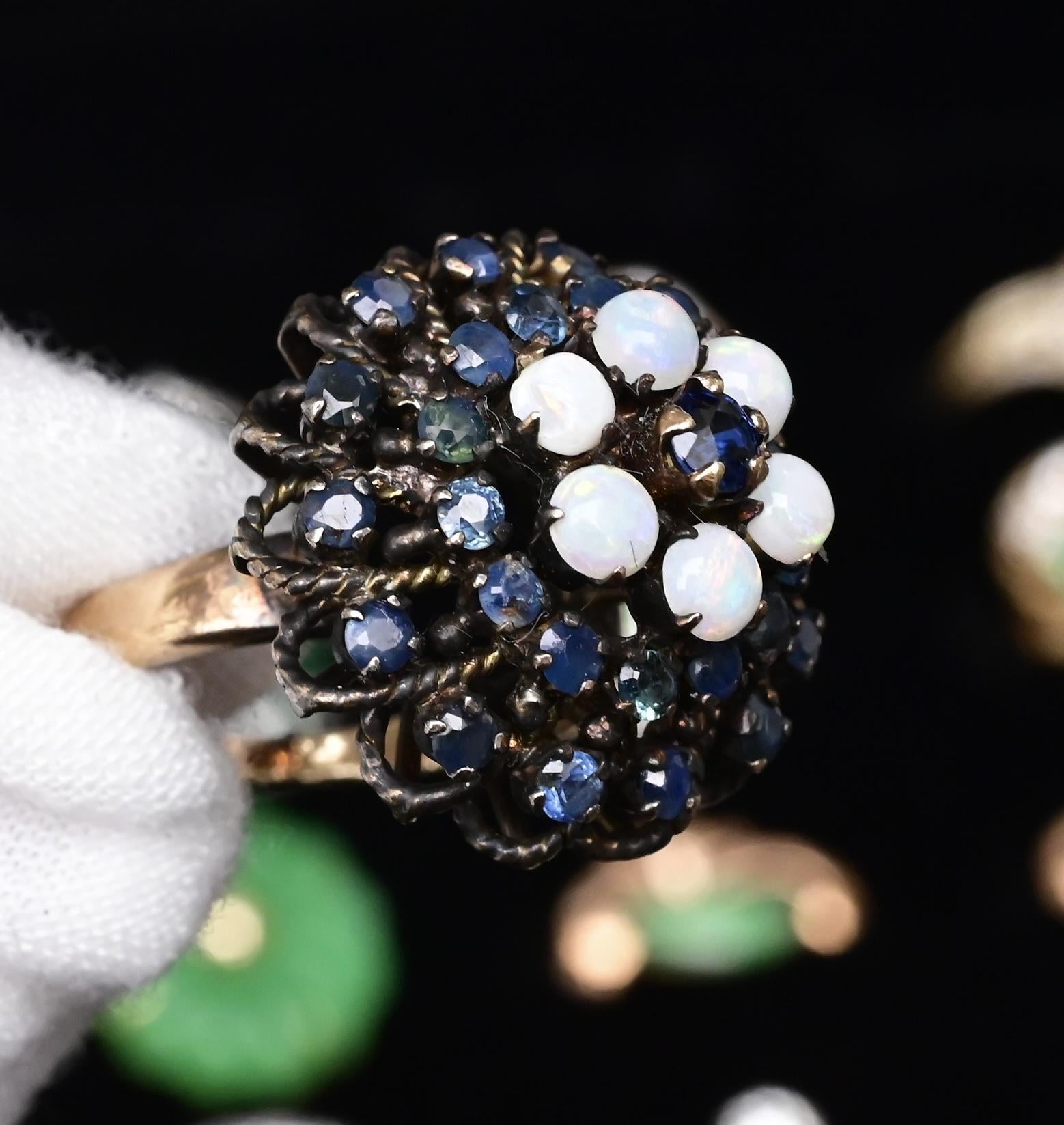 IGI Certified 10K Yellow Gold Black-Overlay Ring Sapphires And Opals