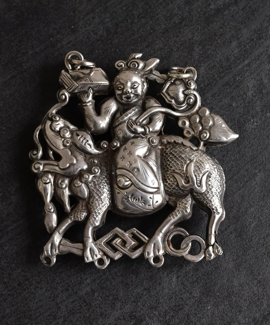 Antique Chinese Silver Pendant 39.23g – Warrior on Qilin Mythical Beast 2.5" x 3