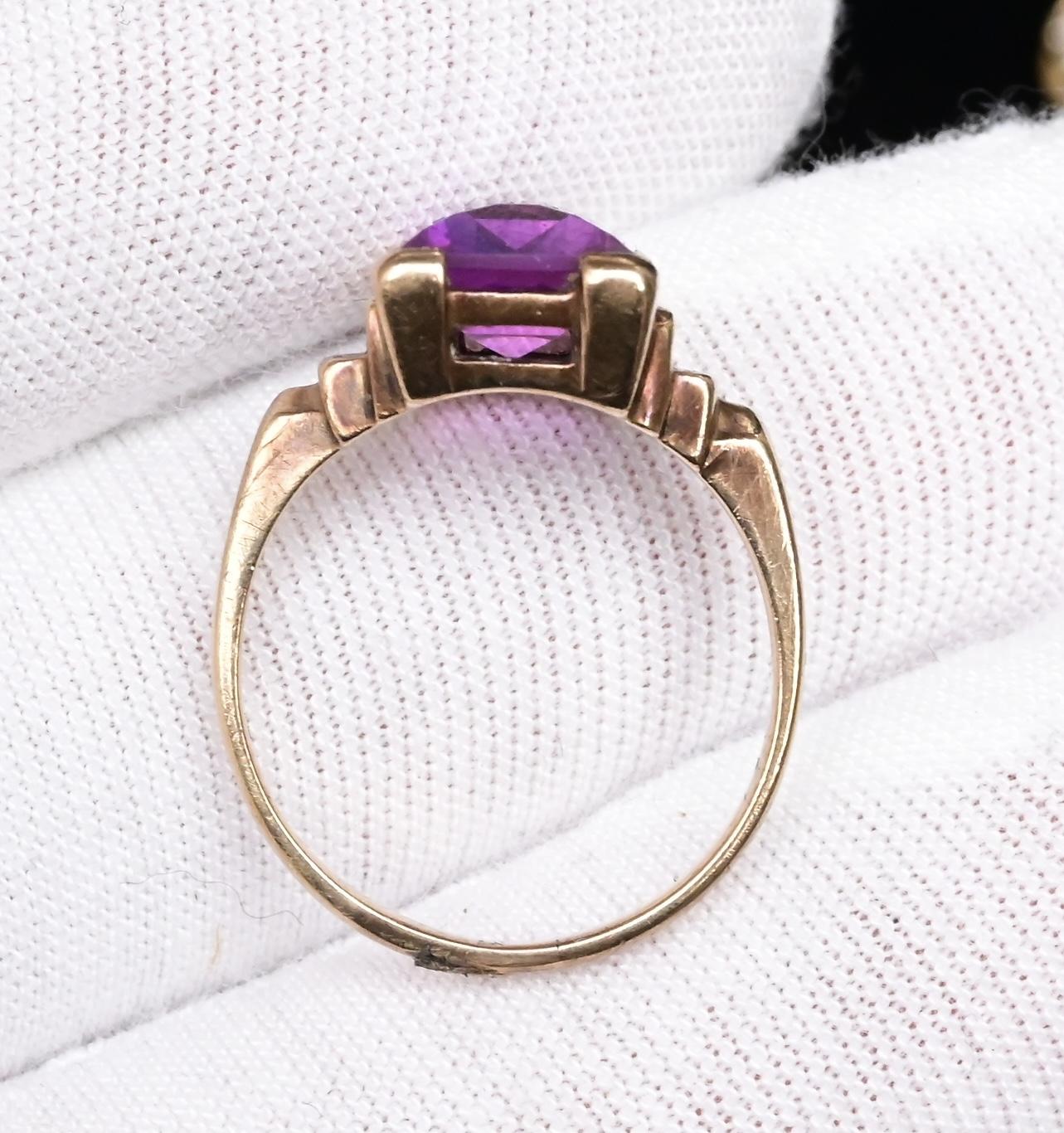 10K Yellow Gold Sapphire Ring Art Deco / Retro Era IGI Certified Size 6.75