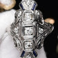 IGI Certified 18K White Gold Art Deco Diamond & Sapphire Ring Size 5.5
