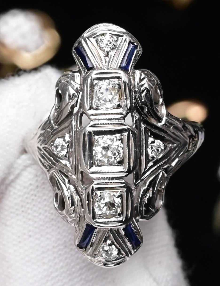 IGI Certified 18K White Gold Art Deco Diamond & Sapphire Ring Size 5.5