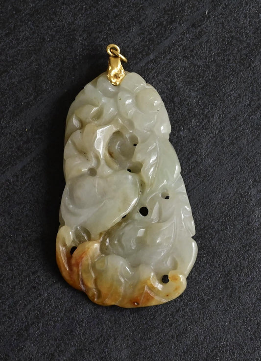 Large Carved Jade Pendant with 14K Gold Bail – 26.16g, 3.5" x 1.5" Floral