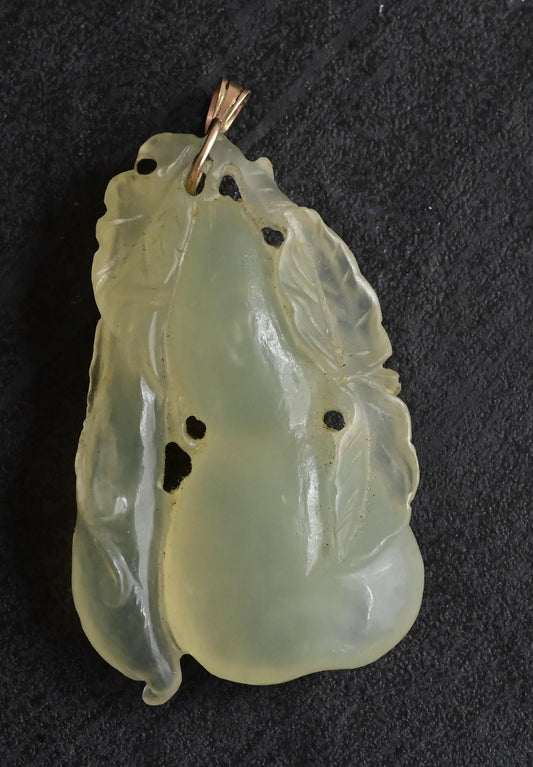 Vintage Carved Jade Pendant with 14K Gold Bail 27.77g – 2" x 1 1/8" Gourd & Leaf