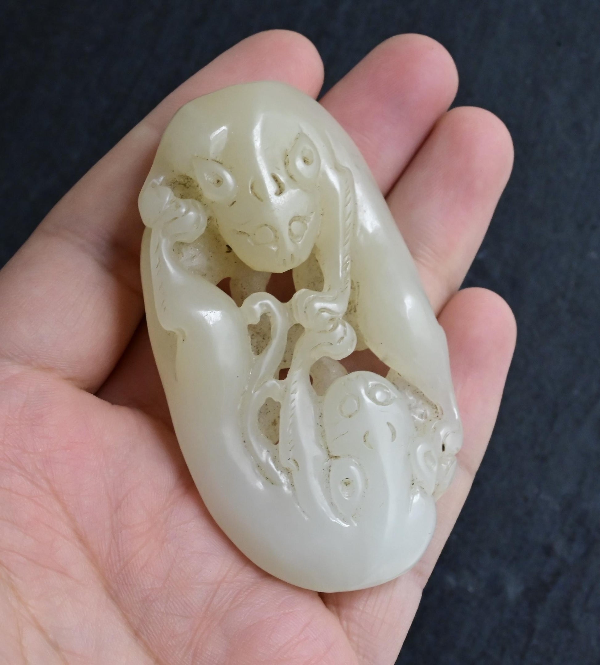 Antique Chinese Carved White Jade Toggle 60.97g – Mythical Beast 3" x 1.75"