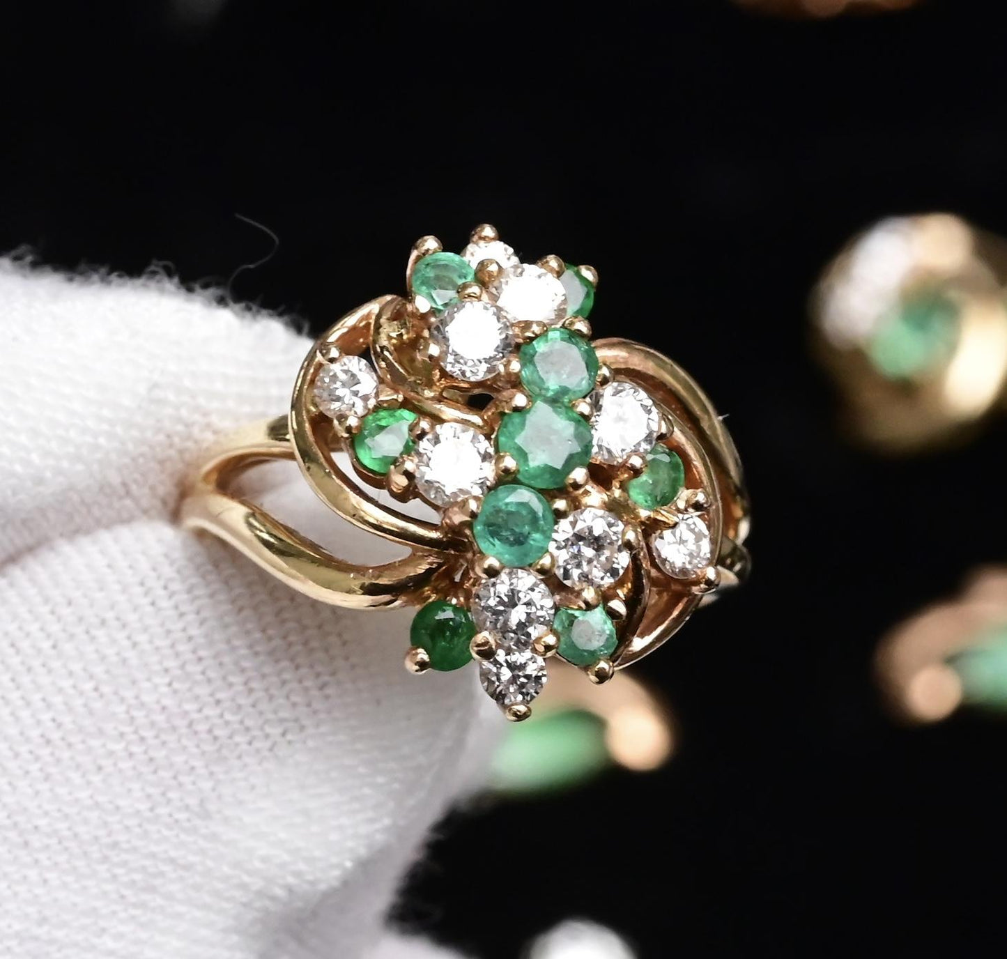 IGI Certified 14K Yellow Gold Emerald & Diamond Cluster Ring Size 4.75