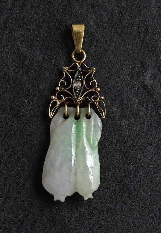 Antique 14K Gold Jade & Diamond Pendant 2.25" Art Deco Filigree 5.35 Grams