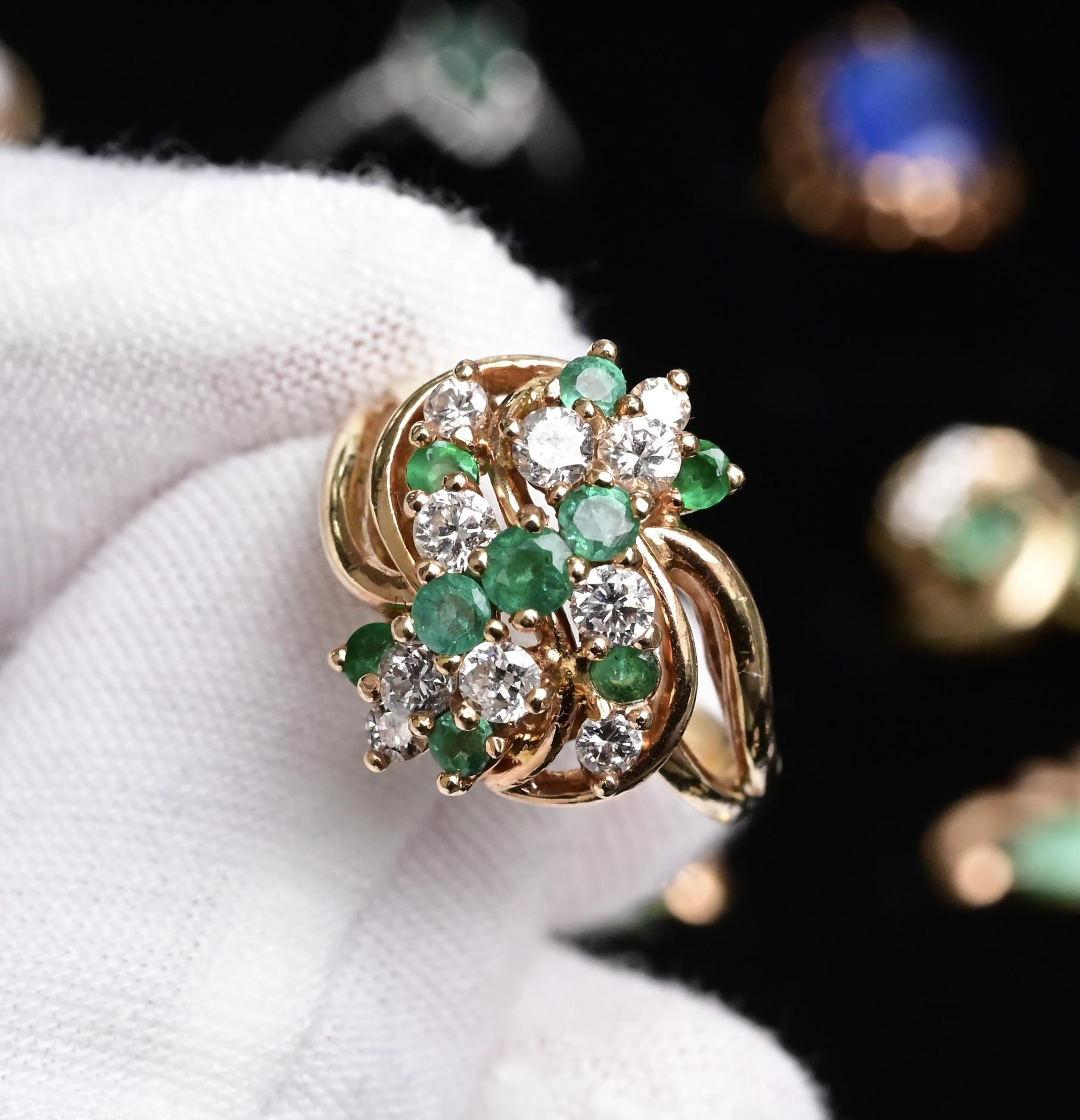 IGI Certified 14K Yellow Gold Emerald & Diamond Cluster Ring Size 4.75
