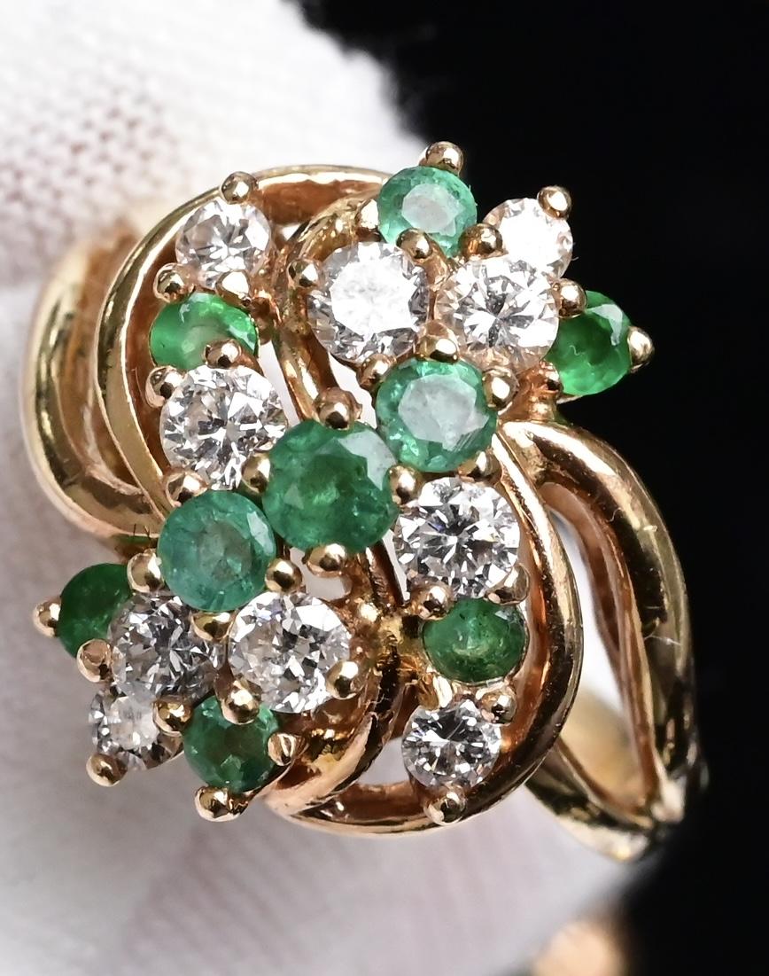 IGI Certified 14K Yellow Gold Emerald & Diamond Cluster Ring Size 4.75