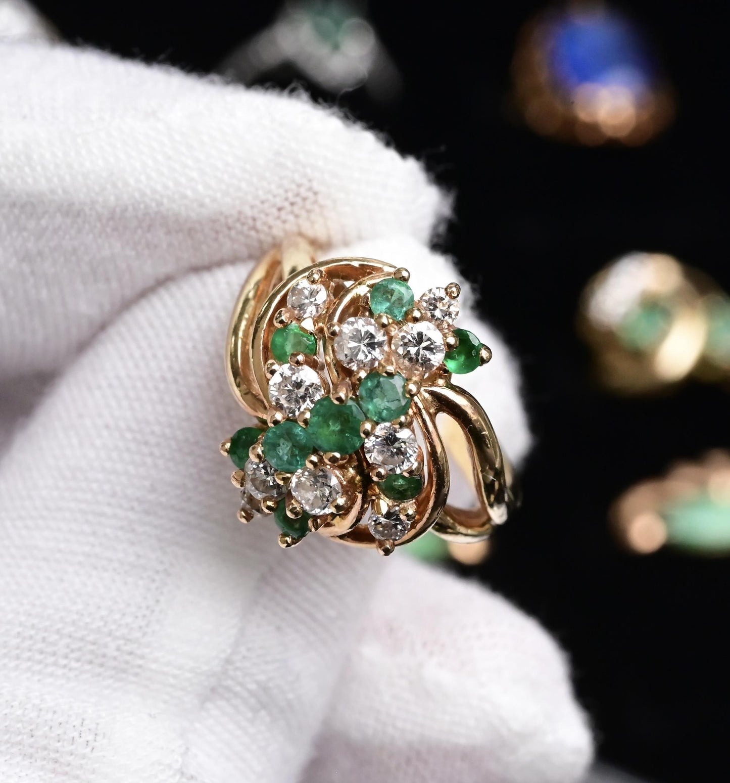 IGI Certified 14K Yellow Gold Emerald & Diamond Cluster Ring Size 4.75